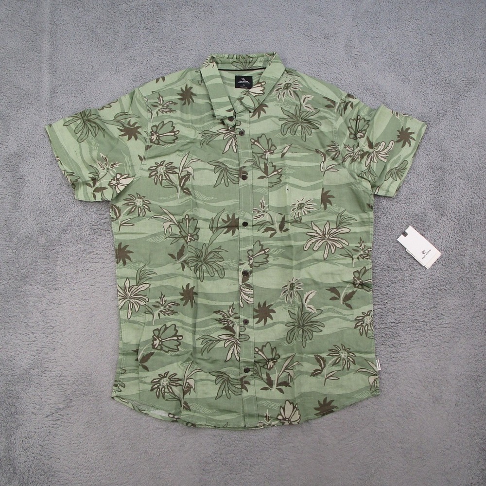 Rip Curl Mens XL Green Floral Wave Print Linen Blend Short Sleeve Button Up